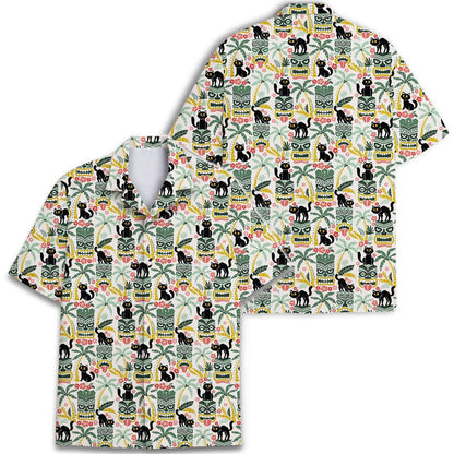 Front and back views of the black cat tiki tropical Hawaiian shirt