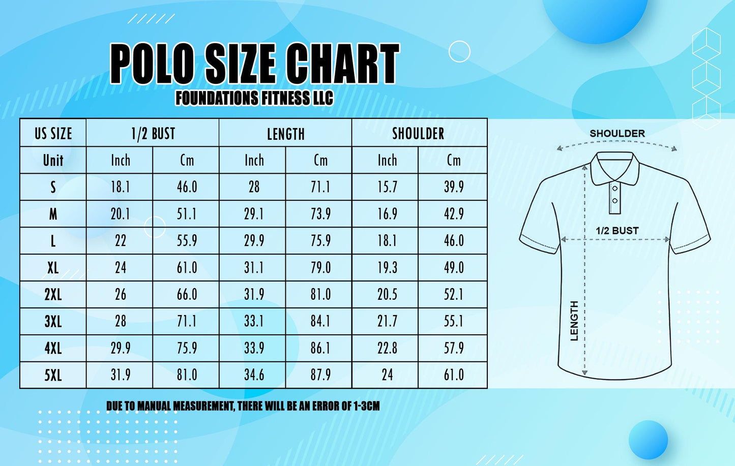 Polo size chart showing measurements from S through 5XL