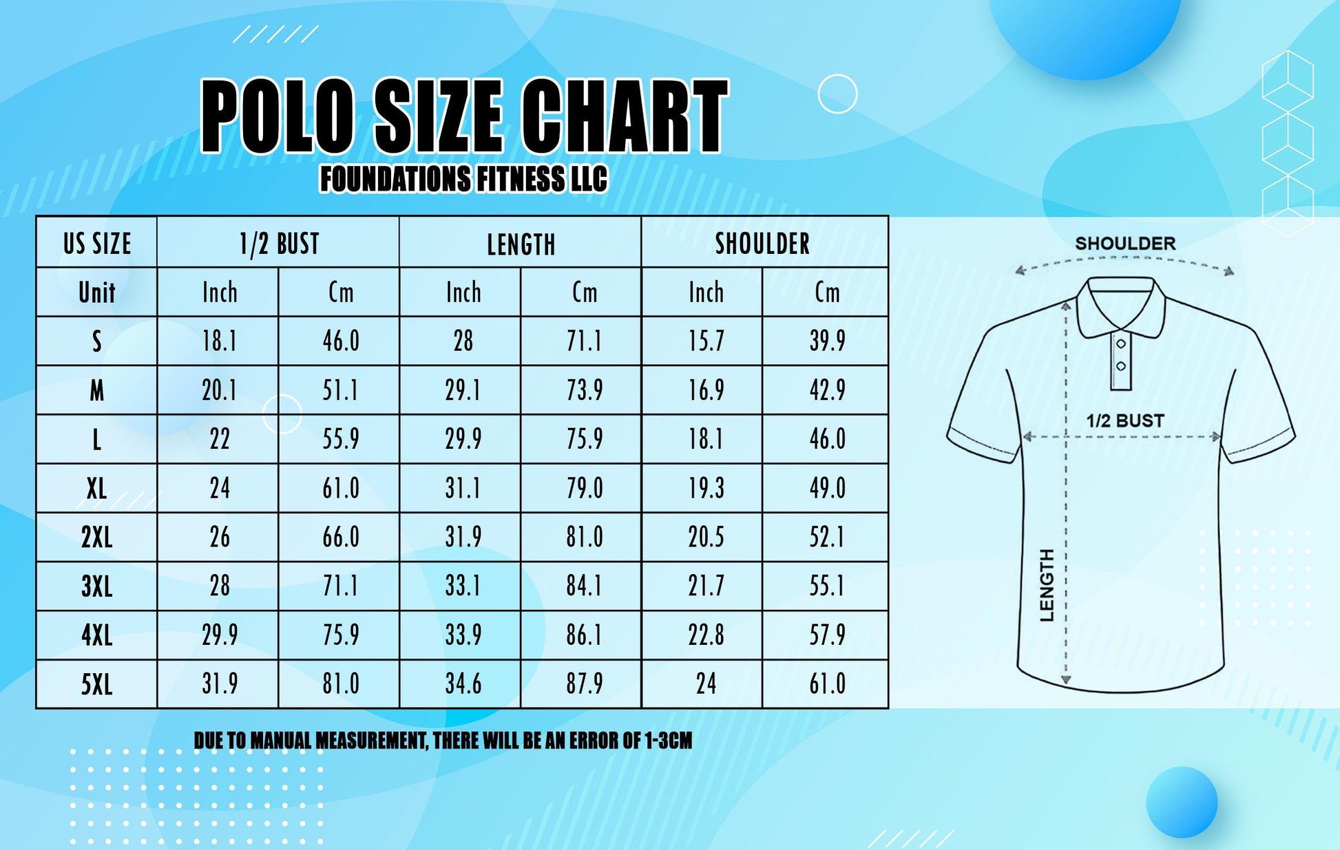 Polo size chart showing measurements from S through 5XL
