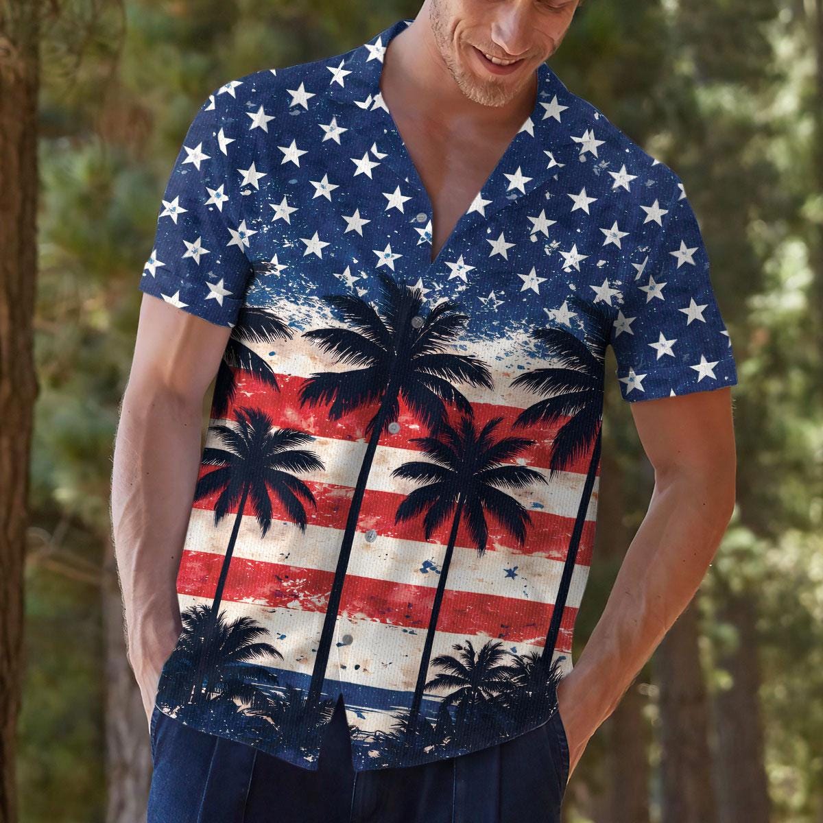 Model wearing American flag tropical shirt in an outdoor setting