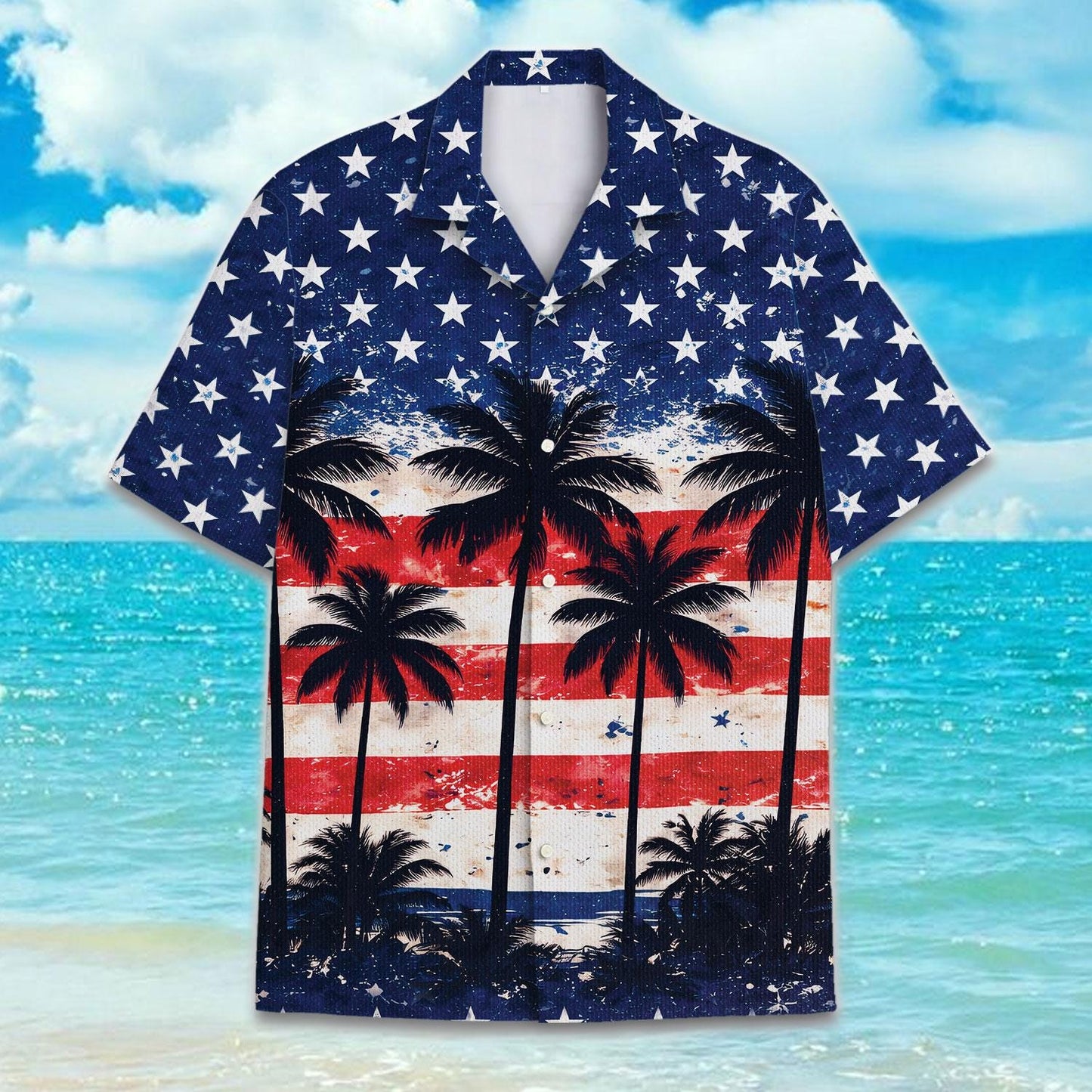 American flag Hawaiian shirt with palm trees and stars on a beach background