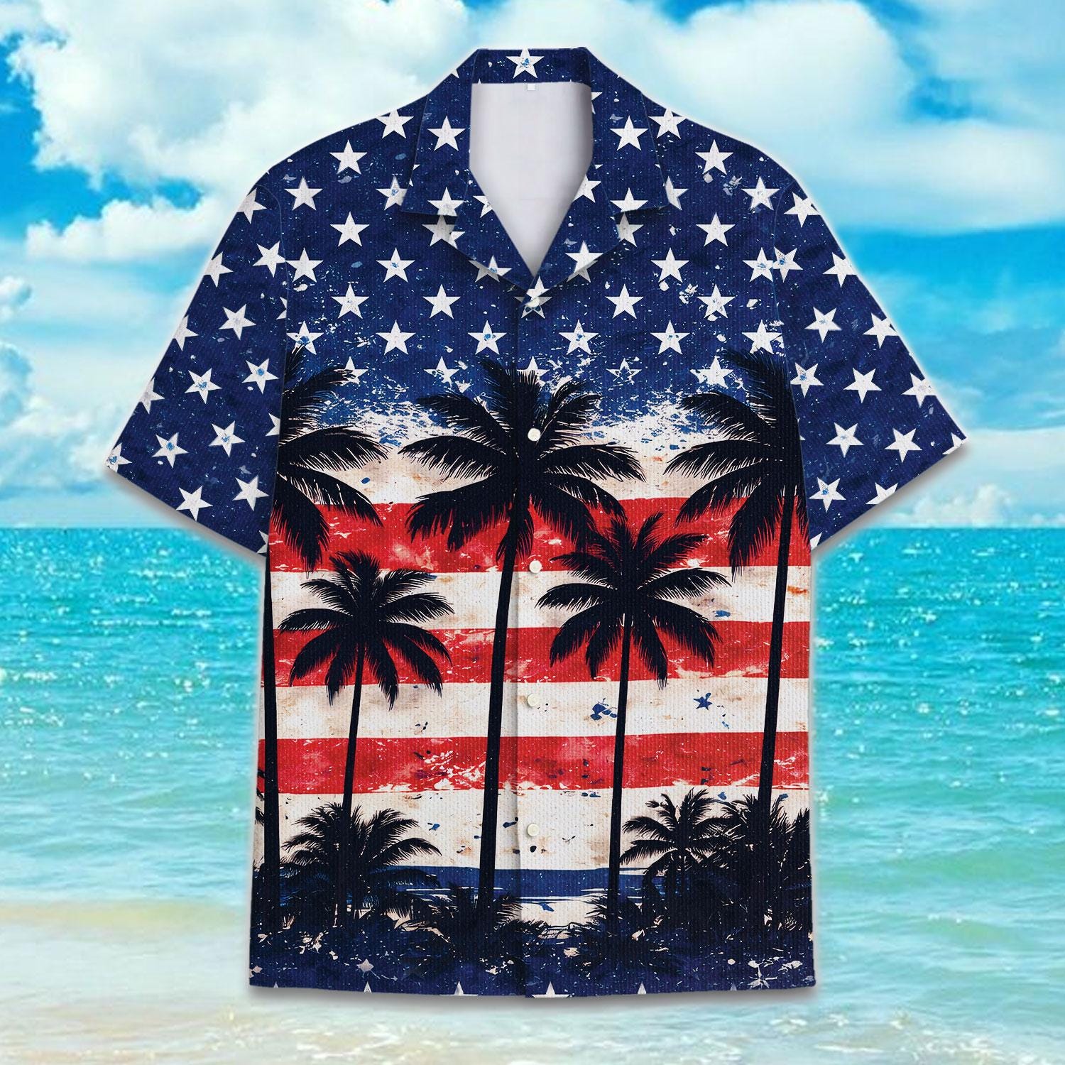 American flag Hawaiian shirt with palm trees and stars on a beach background