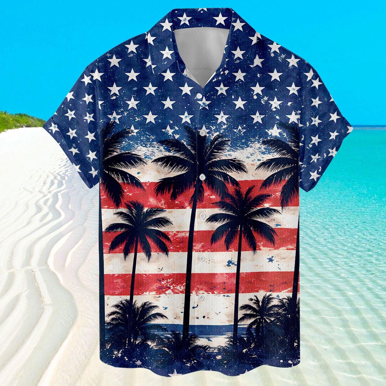 Front view of red white and blue palm tree Hawaiian shirt on a tropical beach