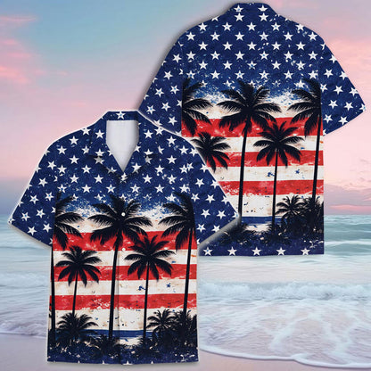Patriotic palm tree Hawaiian shirts displayed beside the ocean