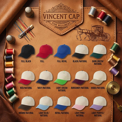Cap color chart showing natural, royal, navy, red, green, and other hat color choices
