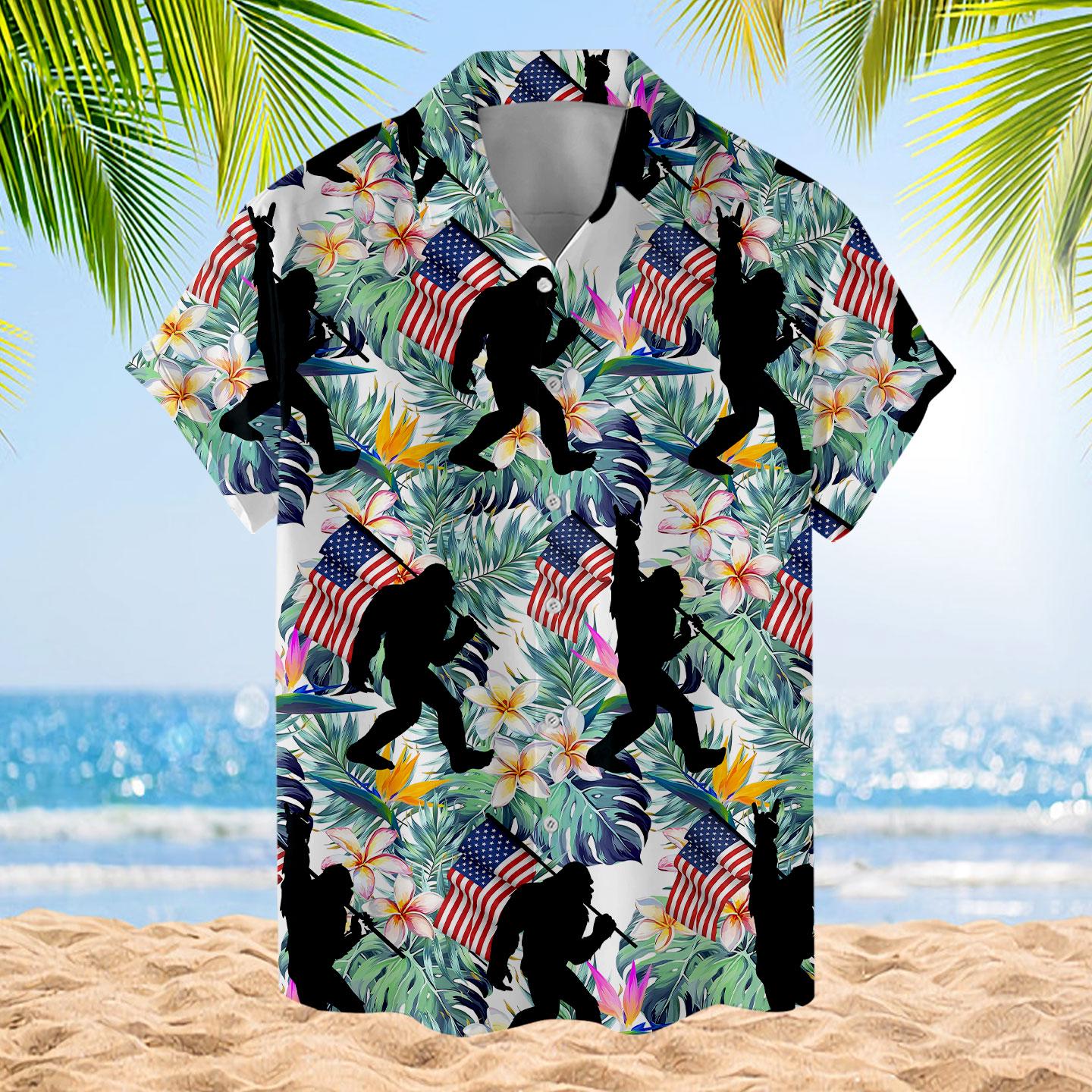 Front view of the colorful short-sleeve Hawaiian shirt with tropical flowers and American flag motifs