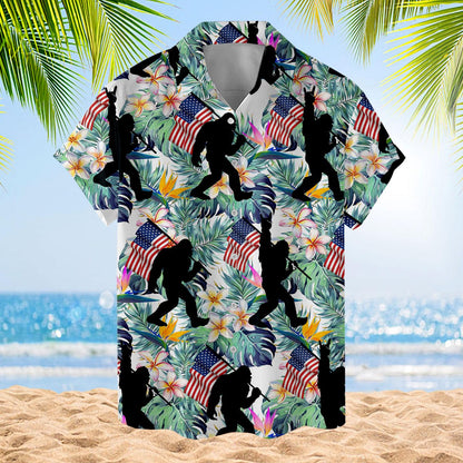 Front view of the colorful short-sleeve Hawaiian shirt with tropical flowers and American flag motifs