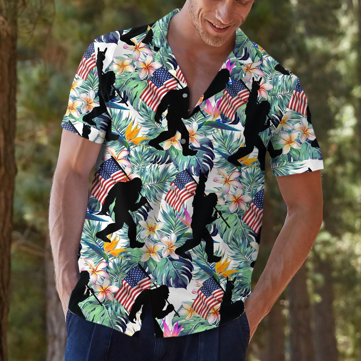 Model wearing the tropical American flag and silhouette print shirt outdoors