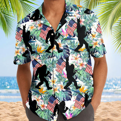 Model wearing the patriotic tropical Hawaiian shirt at the beach
