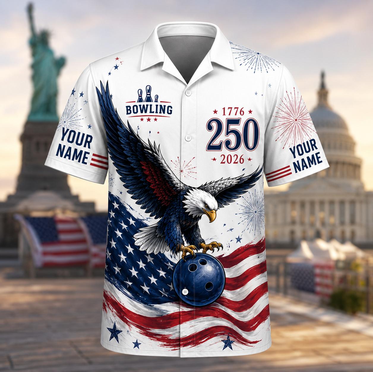 Front view of eagle bowling Hawaiian shirt with stars, fireworks, bowling ball, and red white blue graphics