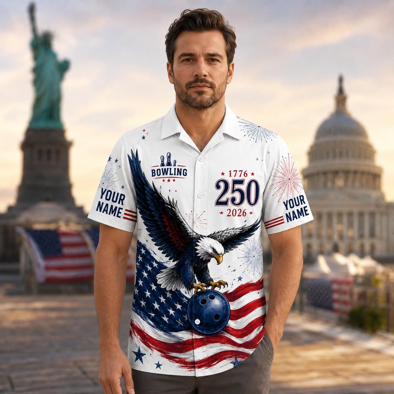 Front lifestyle view of patriotic bowling Hawaiian shirt styled with casual pants