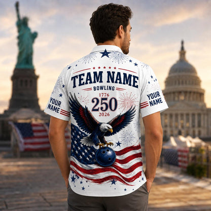 Back lifestyle view showing TEAM NAME design, eagle, bowling ball, and flag-inspired stripes