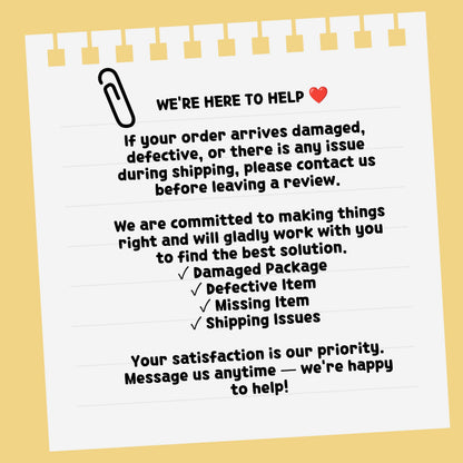 Customer support notice about damaged, defective, missing, or shipping issue orders