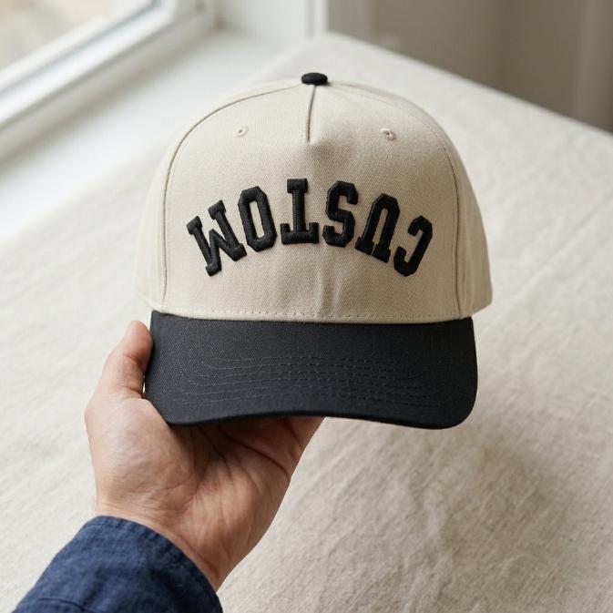 Front view of beige and black two-tone trucker hat with bold CUSTOM embroidery