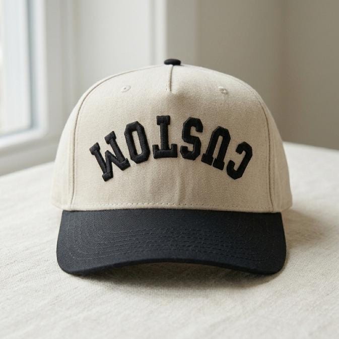 Beige trucker hat with black brim and raised black CUSTOM lettering