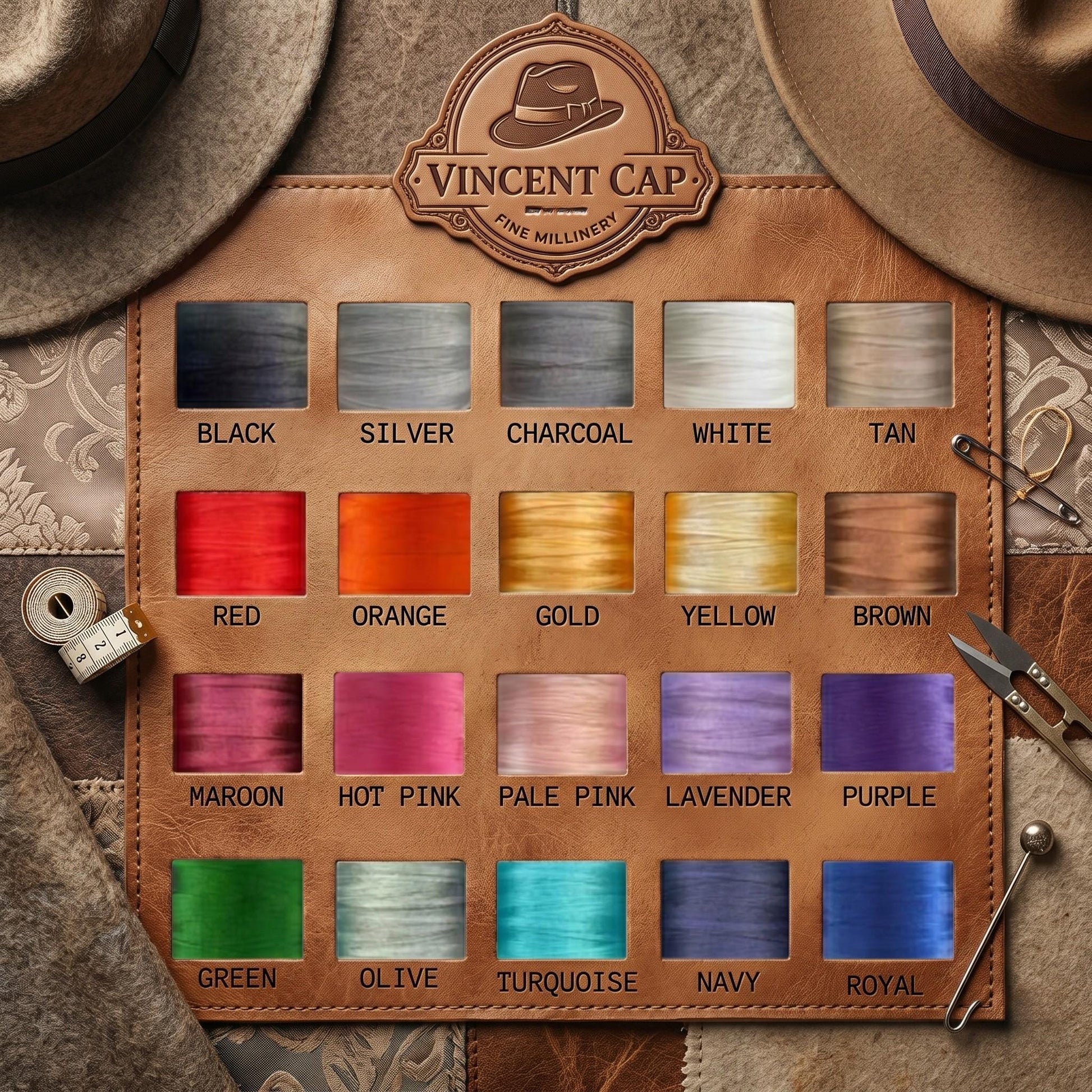 Hat color chart showing embroidery thread color choices including black, red, pink, green, navy, and royal