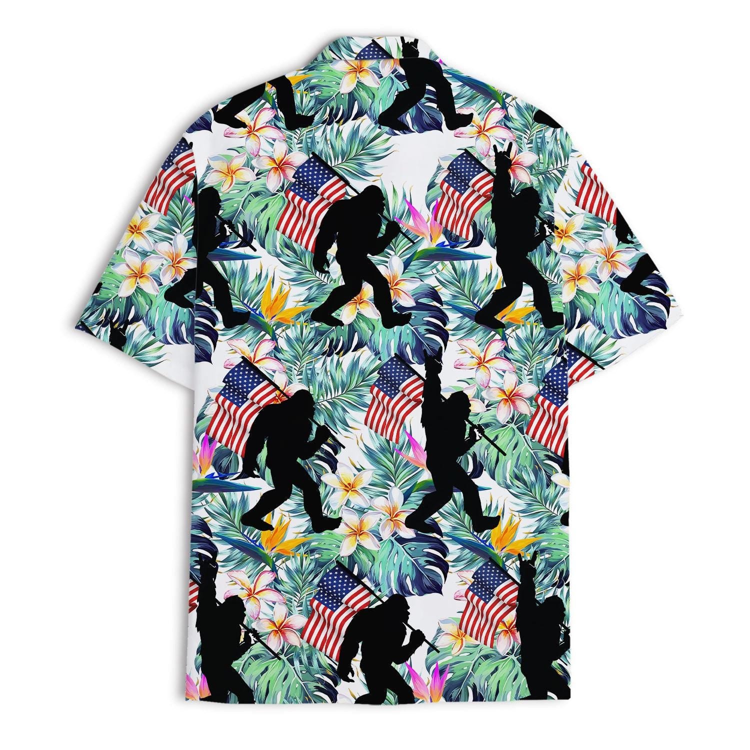 Flat lay of the tropical flag print Hawaiian shirt on a white background