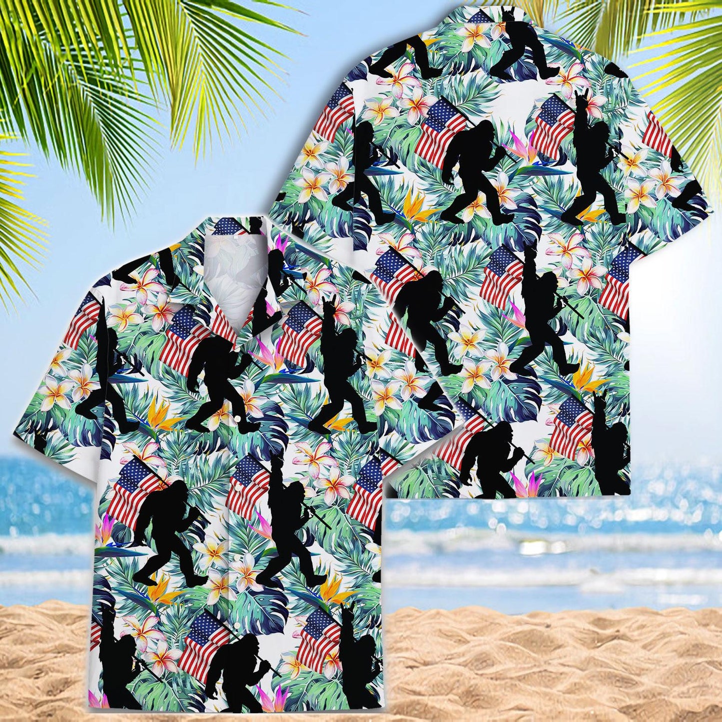Back view of the patriotic tropical Hawaiian shirt showing the allover flag and silhouette print