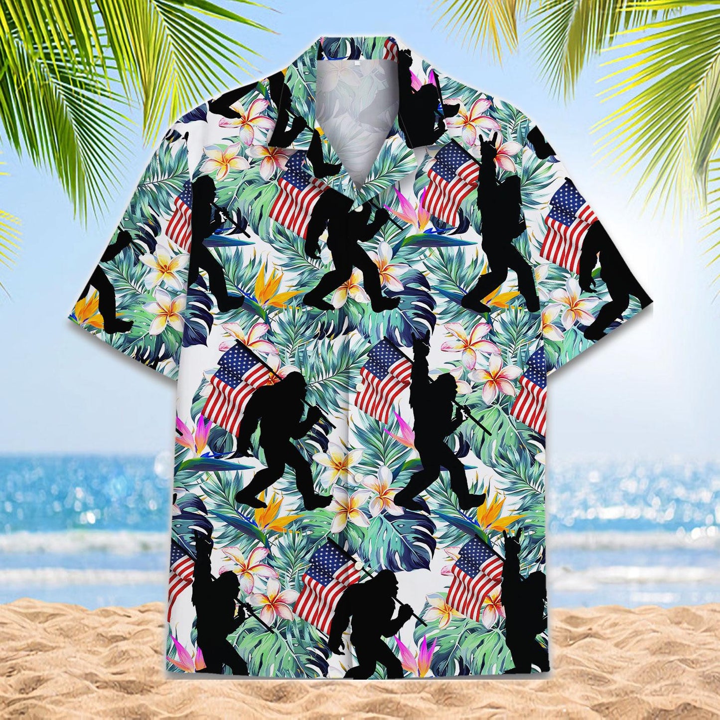 Front view of a tropical Hawaiian shirt with American flags, flowers, foliage, and black action silhouettes