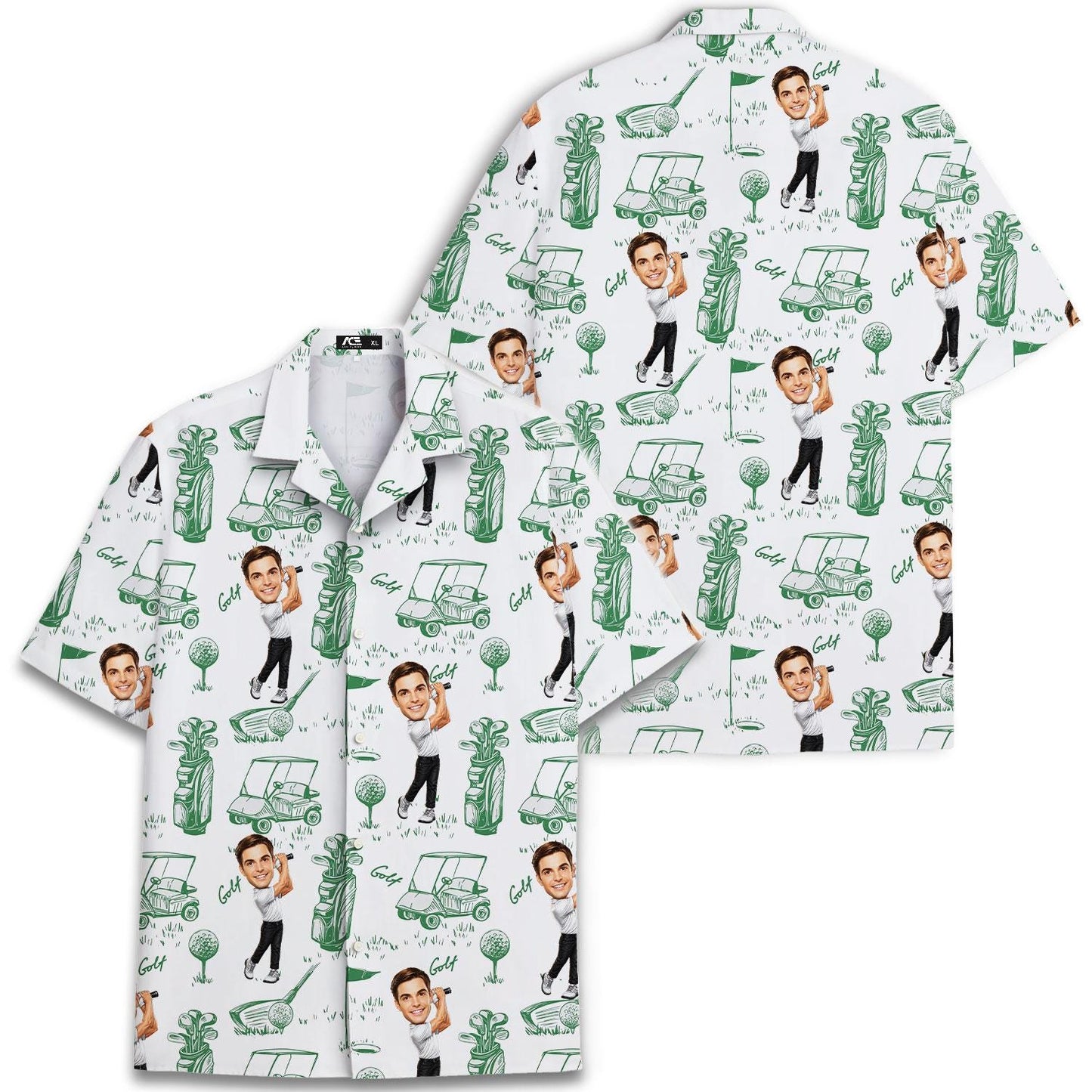 Front and back views of golf character Hawaiian shirt with repeating portraits and golf carts