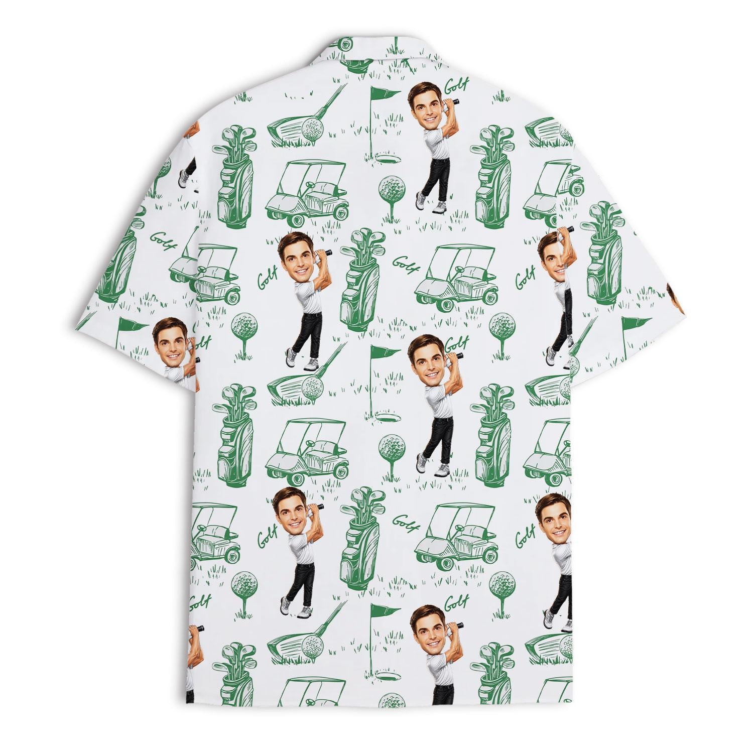 Back view of white Hawaiian shirt featuring green golf clubs, carts, balls, and character portraits