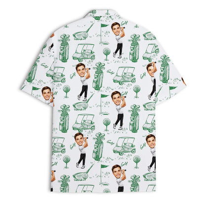Back view of white Hawaiian shirt featuring green golf clubs, carts, balls, and character portraits