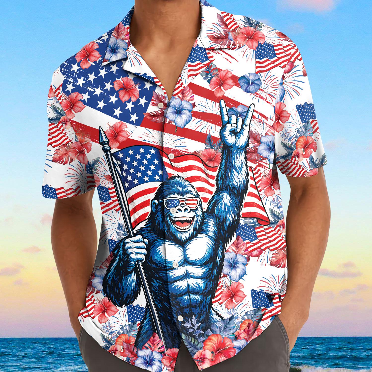Close view of American flag and gorilla Hawaiian shirt design