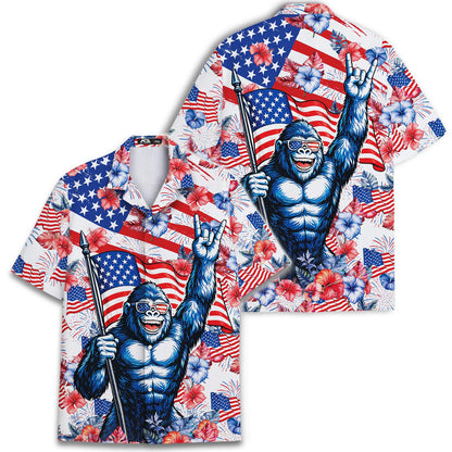 Front view of patriotic gorilla Hawaiian shirt on a white background