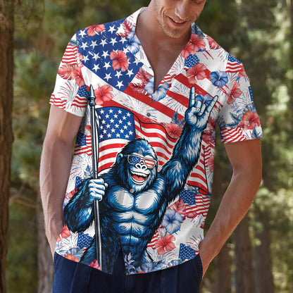 Model wearing a patriotic gorilla Hawaiian shirt outdoors