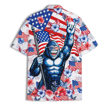 Full shirt view showing gorilla holding a flagpole and raising one hand