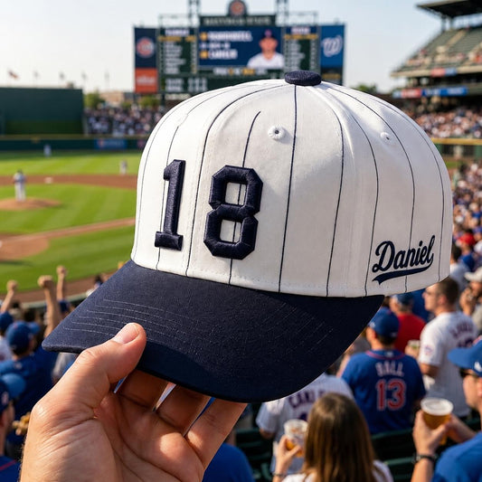 Personalized white pinstripe baseball hat with navy brim, raised number 18, and Daniel side lettering at a ballpark
