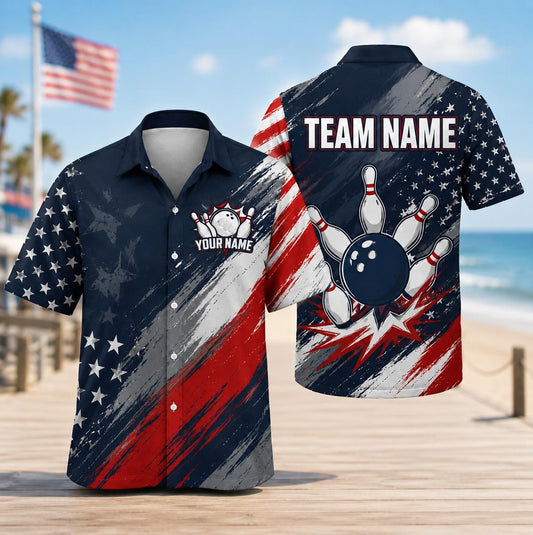 Front view of an American flag bowling Hawaiian shirt with bowling chest graphic and name text area