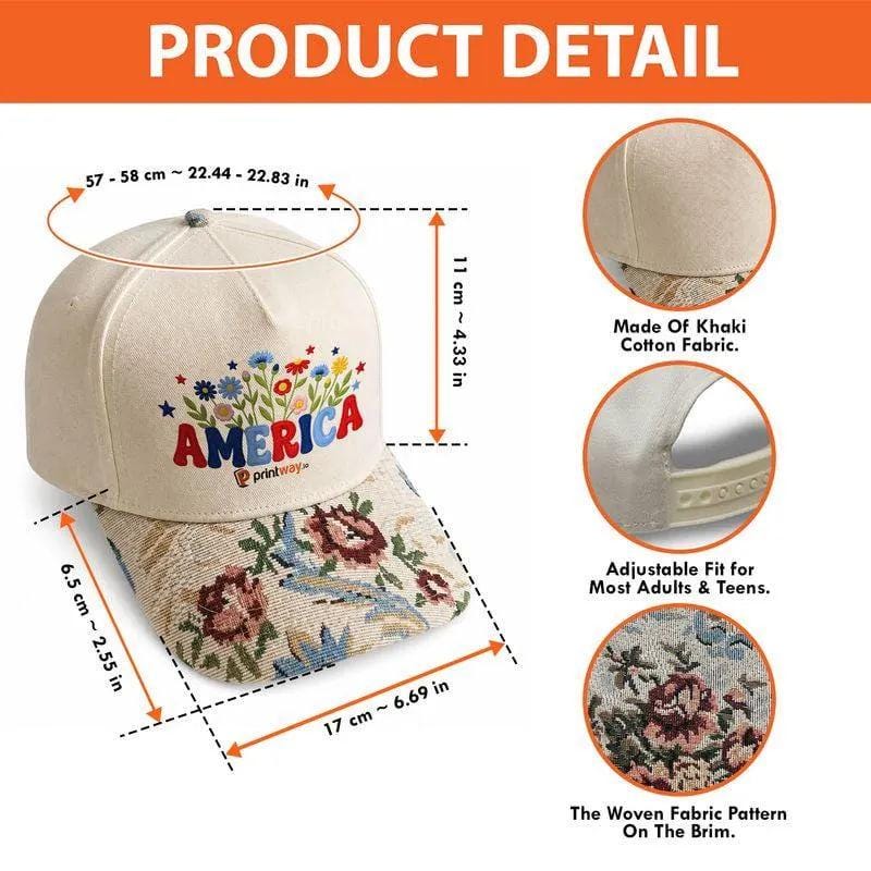 Product detail graphic showing the hat’s adjustable closure, floral woven-patterned brim, and an America sample embroidery design