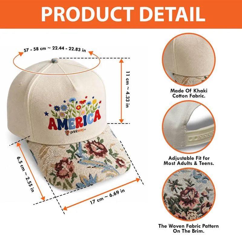 Product detail diagram showing the floral brim, adjustable back closure, and hat construction