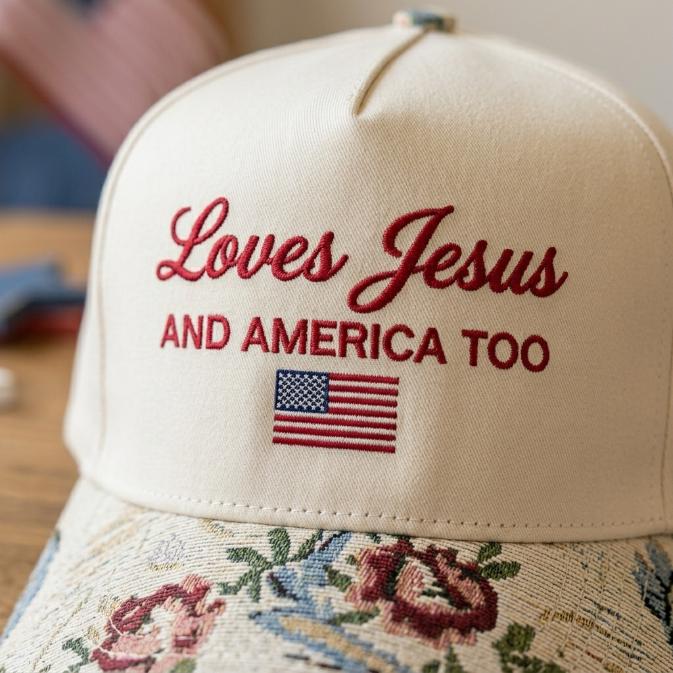 Close-up of “Loves Jesus and America Too” embroidery and American flag detail
