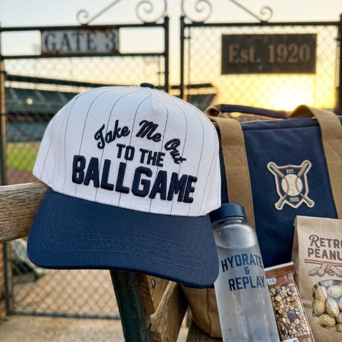 Pinstripe baseball hat displayed near a baseball gate with a navy bill and embroidered lettering