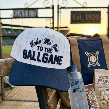 Pinstripe baseball hat displayed near a baseball gate with a navy bill and embroidered lettering