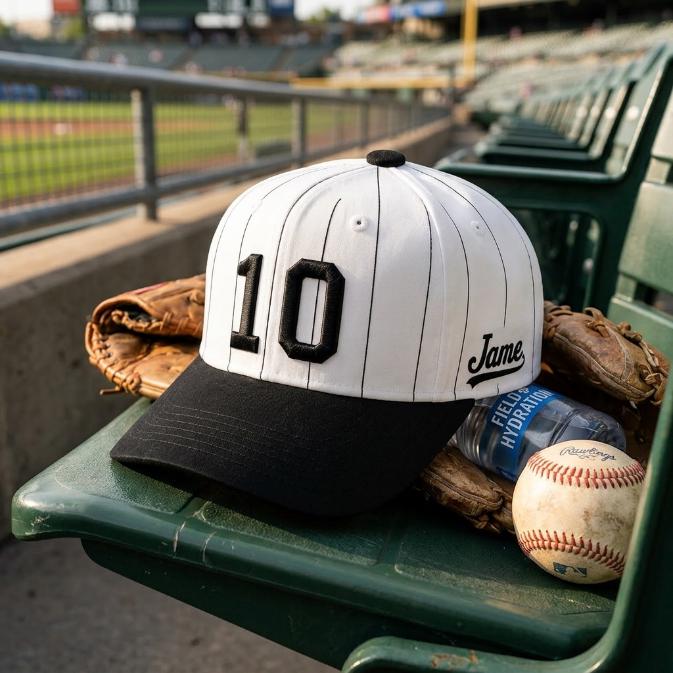 White pinstripe number 10 baseball hat displayed on a dugout seat with a baseball glove and ball