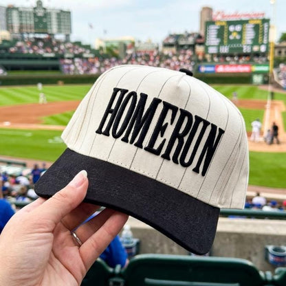 Cream pinstripe baseball hat with black brim and bold HOMERUN embroidery