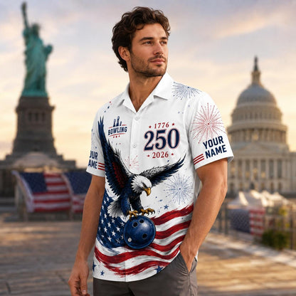 Model wearing the front of an eagle bowling Hawaiian shirt with patriotic graphics and name details