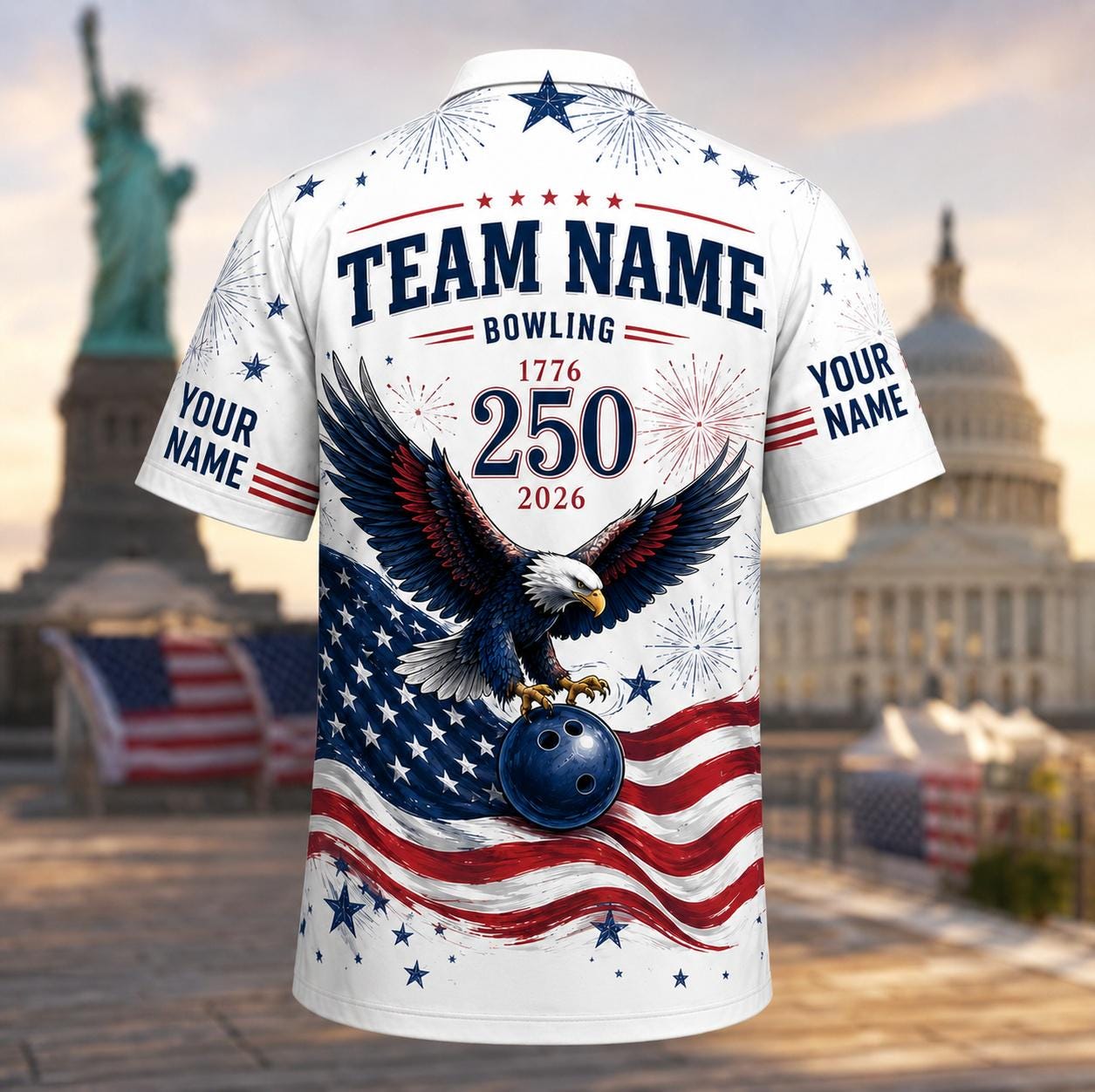 Back view of patriotic bowling shirt featuring TEAM NAME, eagle, bowling ball, stars, and flag stripes