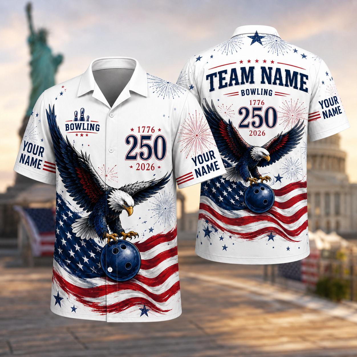 Front and back view of a patriotic eagle bowling Hawaiian shirt with flag stripes and team name details