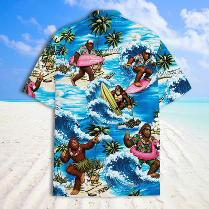 Back view of a tropical Hawaiian shirt featuring a colorful surf and palm tree scene