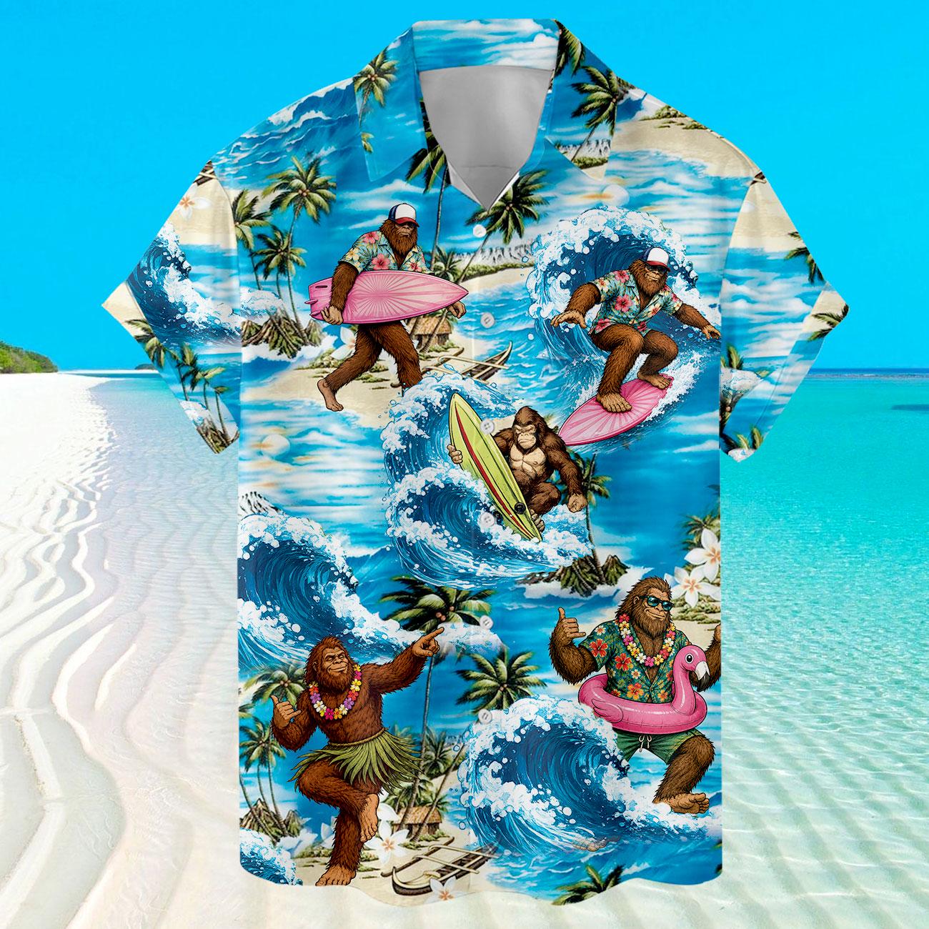 Front view of a tropical Hawaiian shirt with surfers, palm trees, ocean waves, and island characters