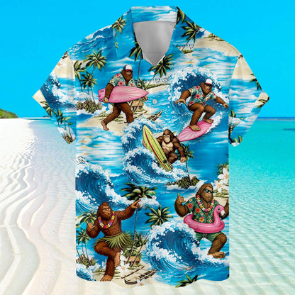 Front view of a tropical Hawaiian shirt with surfers, palm trees, ocean waves, and island characters
