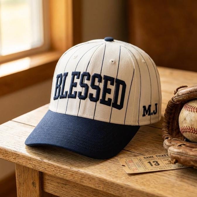White pinstripe Blessed baseball hat with navy brim and M.J. side detail on a wooden table