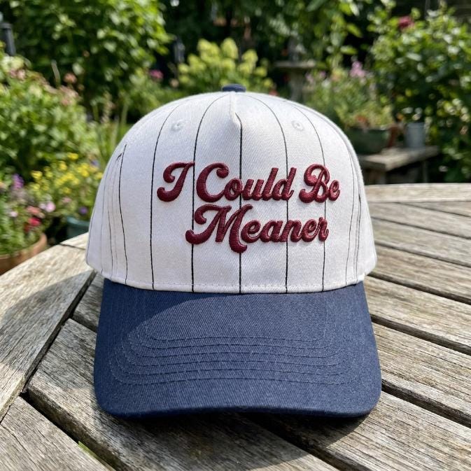 Close-up of I Could Be Meaner script embroidery on a pinstripe hat