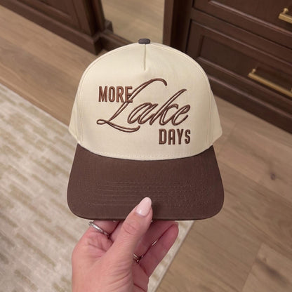 Cream and brown two-tone hat with embroidered More Lake Days lettering