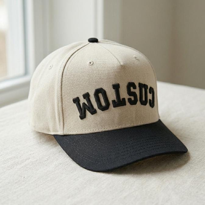 Angled view of embroidered two-tone beige and black trucker hat