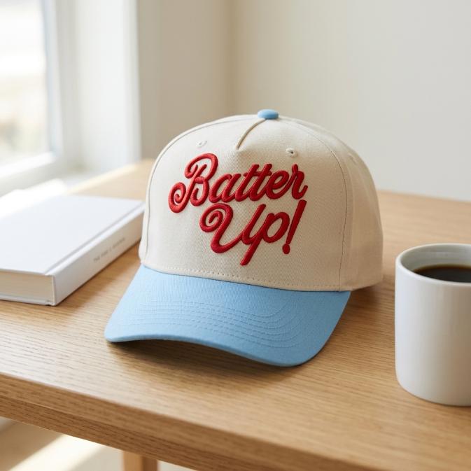 Two-tone trucker cap with red “Bater Up!” embroidery and light blue bill on a wooden table